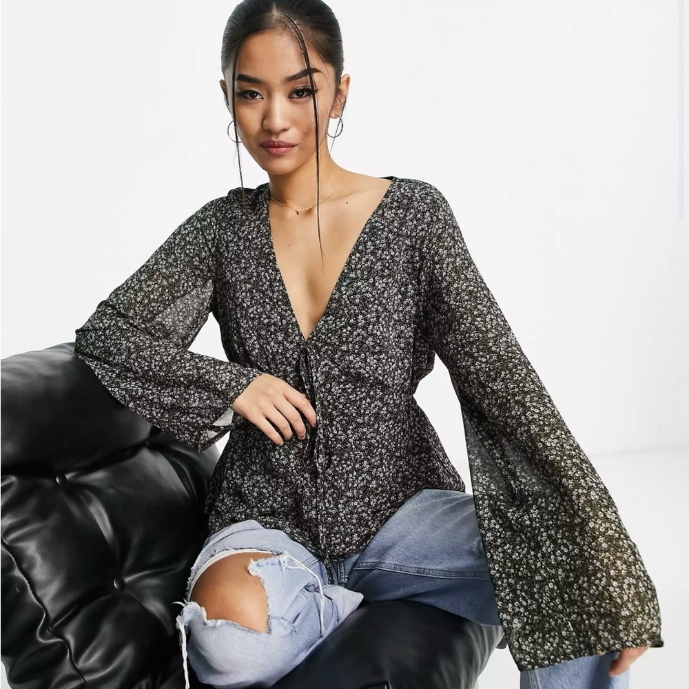 Plunge detail tie front blouse